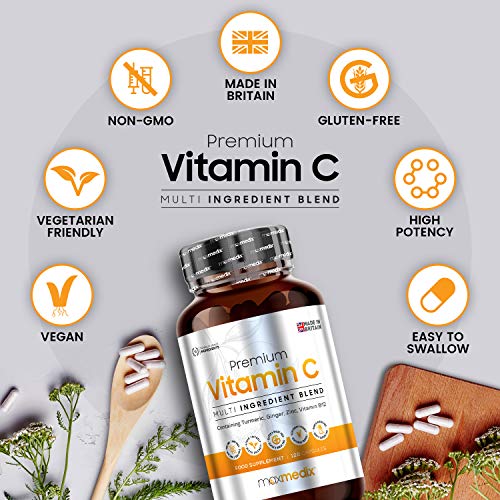 Vitamina C Premium Dosis Alta de Vitamina C, Zinc, Selenio y Hierro - Multivitaminas y Minerales, Estimula Sistema Inmunológico, Disminuye Cansancio, Con Jengibre y Ajo Negro, 120 Cápsulas Veganas