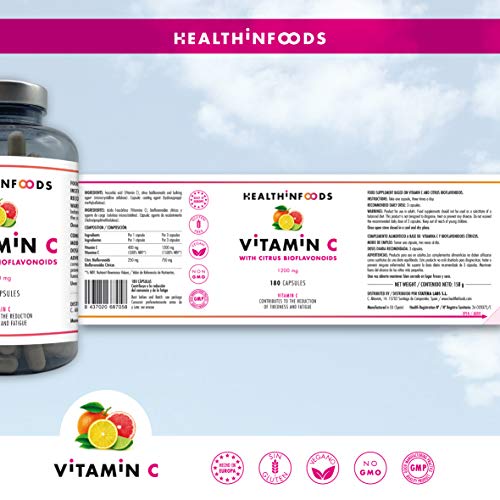 Vitamina C Pura con Bioflavonoides de Frutas Cítricas-1200mg por Dosis Diaria-180 Cápsulas Veganas -Sin aditivos -Refuerza el Sistema Inmune y Reduce el Cansancio-Fabricado en España por Healthinfoods