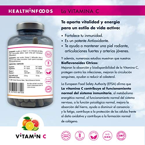 Vitamina C Pura con Bioflavonoides de Frutas Cítricas-1200mg por Dosis Diaria-180 Cápsulas Veganas -Sin aditivos -Refuerza el Sistema Inmune y Reduce el Cansancio-Fabricado en España por Healthinfoods