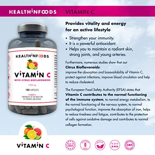 Vitamina C Pura con Bioflavonoides de Frutas Cítricas-1200mg por Dosis Diaria-180 Cápsulas Veganas -Sin aditivos -Refuerza el Sistema Inmune y Reduce el Cansancio-Fabricado en España por Healthinfoods