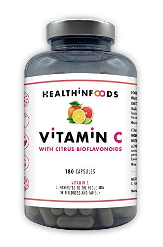 Vitamina C Pura con Bioflavonoides de Frutas Cítricas-1200mg por Dosis Diaria-180 Cápsulas Veganas -Sin aditivos -Refuerza el Sistema Inmune y Reduce el Cansancio-Fabricado en España por Healthinfoods
