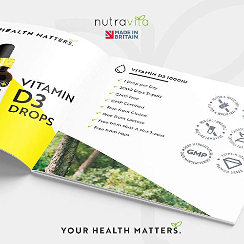 Vitamina D3 1.000 UI por gota - 10.000 UI por 10 gotas - 2.000 vegetariano gotas de vitamina D3 de 1.000 UI por recipiente -dosis flexible de hasta 200 porciones de 10.000 UI - por Nutravita