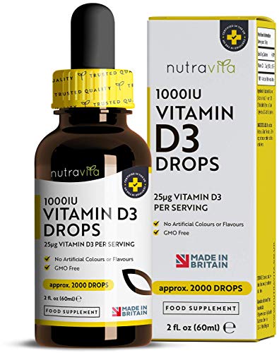 Vitamina D3 1.000 UI por gota - 10.000 UI por 10 gotas - 2.000 vegetariano gotas de vitamina D3 de 1.000 UI por recipiente -dosis flexible de hasta 200 porciones de 10.000 UI - por Nutravita