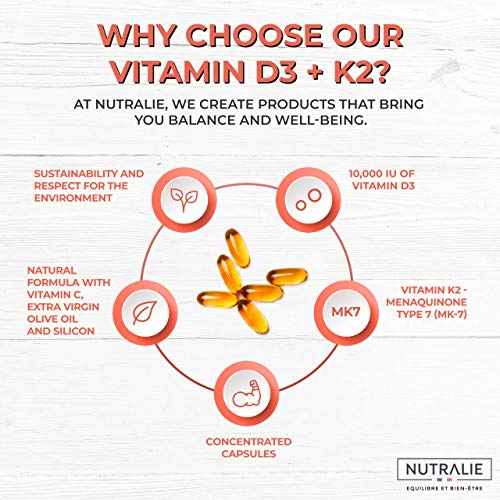 Vitamina D3 10.000 UI + K2 MK7 Alta Dosis | Contribuye al Sistema Inmunitario, Huesos y Músculos con Vitamina D3, K2, C, Silicio y Aceite de Oliva Virgen Extra | 60 cápsulas Nutralie
