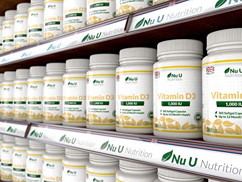 Vitamina D3 365 Cápsulas Blandas (Suministro para Todo el Año) Suplemento de Vitamina D3 de 1000 UI, Colecalciferol de Alta Absorción por Nu U Nutrition