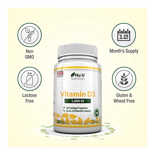 Vitamina D3 365 Cápsulas Blandas (Suministro para Todo el Año) Suplemento de Vitamina D3 de 1000 UI, Colecalciferol de Alta Absorción por Nu U Nutrition