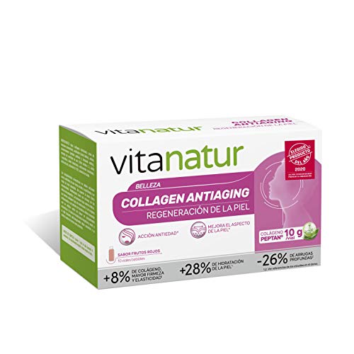 Vitanatur Collagen antiaging - Complemento alimenticio, Colágeno hidrolizado y ácido hialurónico, Ayuda a regenerar la piel y acción antiedad, 10 viales bebibles