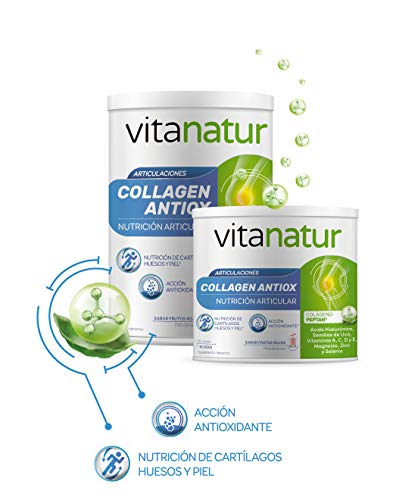 VITANATUR COLLAGEN ANTIOX 360g - Complemento alimenticio a base de colágeno Peptan, ácido hialurónico, Regenerador y antioxidante, Formato en polvos sabor frutos rojos, Incluye dosificador