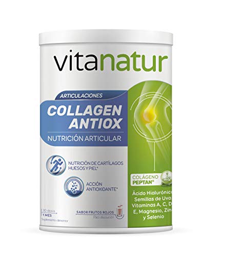 VITANATUR COLLAGEN ANTIOX 360g - Complemento alimenticio a base de colágeno Peptan, ácido hialurónico, Regenerador y antioxidante, Formato en polvos sabor frutos rojos, Incluye dosificador