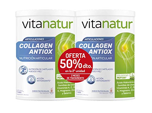 Vitanatur DUPLO COLLAGEN ANTIOX PLUS 2 Botes de 360g - Complemento alimenticio colágeno Peptan, ácido hialurónico, Regenerador y antioxidante, Polvos