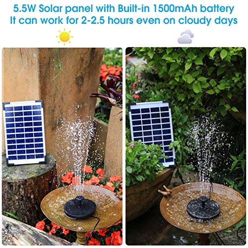VITCOCO Solar Fuente Bomba, 5.5W Fuente de Jardín Solar, Batería Incorporada, Caudal 500 L/H, con 6 Boquillas y Tabla Flotante para Pequeño Estanque, Baño de Aves, Fish Tank y Decoración del Jardín