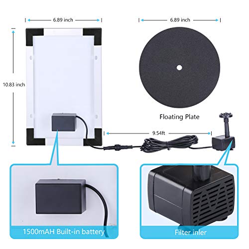 VITCOCO Solar Fuente Bomba, 5.5W Fuente de Jardín Solar, Batería Incorporada, Caudal 500 L/H, con 6 Boquillas y Tabla Flotante para Pequeño Estanque, Baño de Aves, Fish Tank y Decoración del Jardín