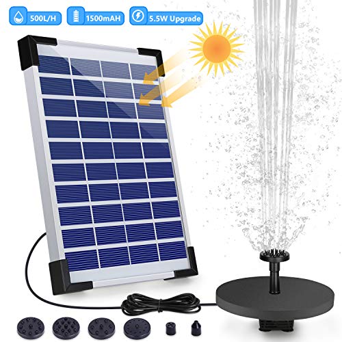VITCOCO Solar Fuente Bomba, 5.5W Fuente de Jardín Solar, Batería Incorporada, Caudal 500 L/H, con 6 Boquillas y Tabla Flotante para Pequeño Estanque, Baño de Aves, Fish Tank y Decoración del Jardín