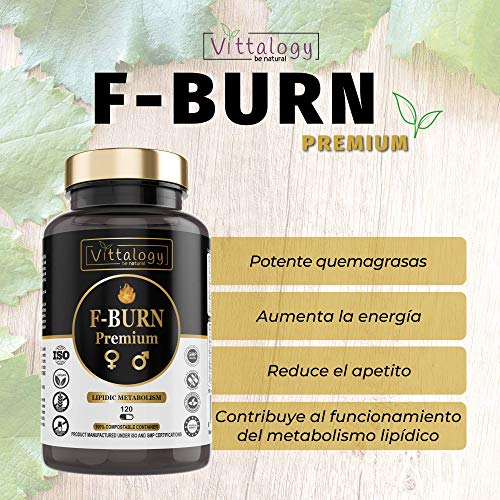 Vittalogy F-Burn Premium. Quemagrasas Potente Con Garcinia Cambogia, Té Verde Y Guaraná. Fat Burner Rápido Y Efectivo Para Adelgazar Con Efecto Termogénico. Sin Aditivos. Vegano. 120 Cápsulas