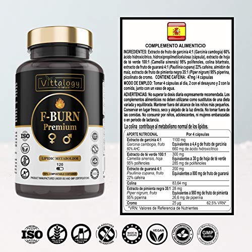 Vittalogy F-Burn Premium. Quemagrasas Potente Con Garcinia Cambogia, Té Verde Y Guaraná. Fat Burner Rápido Y Efectivo Para Adelgazar Con Efecto Termogénico. Sin Aditivos. Vegano. 120 Cápsulas