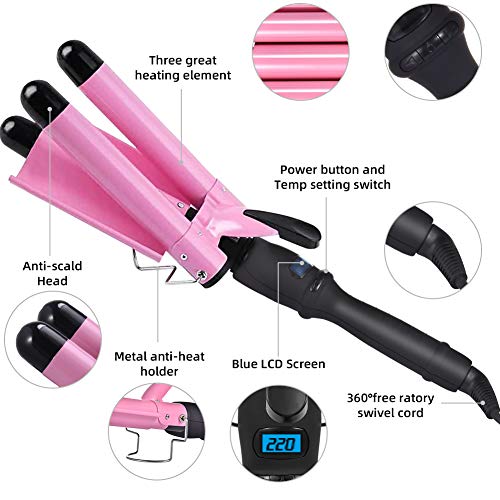 Viugreum Rizador Pelo,Tenacilla Triple Pinzas Rizadoras, Plancha Ondas Al Agua,Rizador de Pelo Para Cabello con,Pinzas rizadoras,3 Tubo Rizador,Rizador de Pelo Para Cabello Temperatura Ajustable