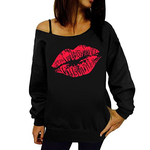 VJGOAL Mujeres otoño Casual Sexy Labios Impreso Manga Larga Sudadera Pullover Tops Blusa Camisa(S,Rojo)