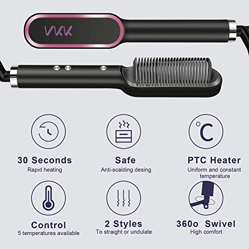 VKK Cepillo Alisador, Cepillo Alisador de Pelo, Calefacción PTC, Temperatura Regulable, Anti-quemaduras, Apagar Automáticamente, Protección de Temperatura Constante