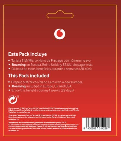Vodafone Prepago L 40 GB (25GB + 15GB Gratis) + Llamadas ilimitadas Nacionales