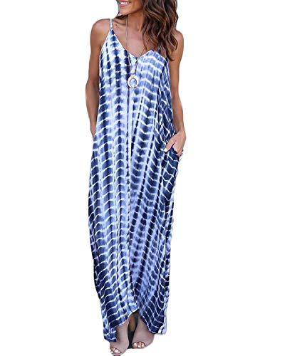 VONDA Vestido Largo para Mujeres Casual de Playa para Mujer Sexy Vestido Cuello en V Sin Mangas C-Serpiente Azul XXXXX-Large