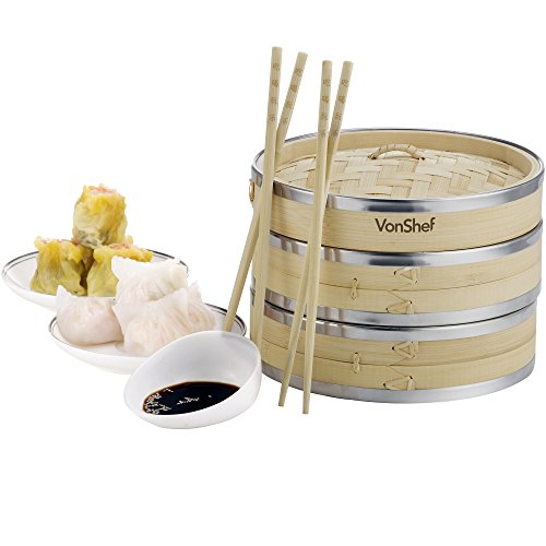 VonShef Vaporera de Bambú 20cm 2 Pisos con Banda de Acero Inoxidable - incluye 2 Pares de Palillos y 50 Papeles de Cera
