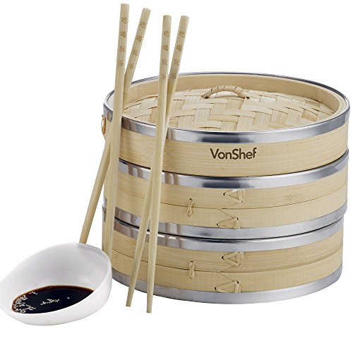 VonShef Vaporera de Bambú 20cm 2 Pisos con Banda de Acero Inoxidable - incluye 2 Pares de Palillos y 50 Papeles de Cera