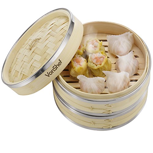 VonShef Vaporera de Bambú 20cm 2 Pisos con Banda de Acero Inoxidable - incluye 2 Pares de Palillos y 50 Papeles de Cera