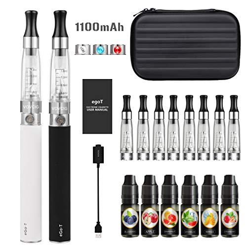 VOVCIG Cigarrillo Electronico,E-Cigarrillo E-líquido Ego II Kits:2 X 1100mah Batería Recargabla +10 X CE4 1.6ml Atomizador +6 X 10ml E-líquido 0 mg Nicotina ( nergo+blanco)