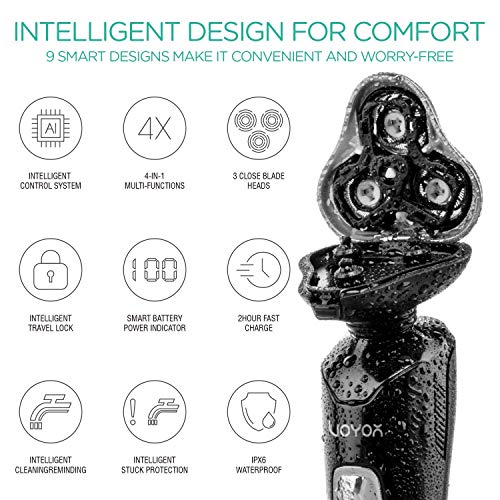 VOYOR Máquina de afeitar Afeitadora Eléctrica Recargable Para Hombres con Intercambiables de Afeitadora Rotativa, Recortadora de Barba, Juego de Afeitadora En Húmedo y Seco, 4 en 1, IPX6 Impermeable