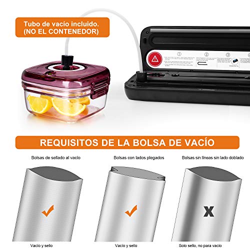 VPCOK Envasadora al vacío automático 110W Máquina del Vacío en Acero Inoxidable Sellador al vacío de Alimentos Secos y Húmedos con 10 Bolsas al vacío,Conector de Succión,Cuchillo de Corte y Marcador