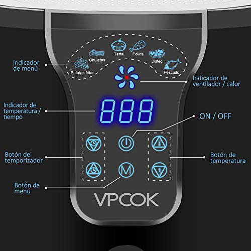 VPCOK Freidora sin Aceite, XL Freidora de Aire Caliente con 6 Programas, Air Fryer con Temperatura y Temporizador Ajustable, Cesta Antiadherente, Libre de BPA