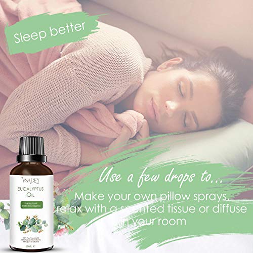 VSADEY Aceite Esencial de Eucalipto 50ml, Aceite de Eucalipto 100% Puro, Natural y Vegano, Aceite de Aromaterapia para Difusores de Calidad Terapéutica Lo Mejor para Sauna, Masajes, Bricolaje