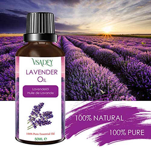 VSADEY Aceite Esencial de Lavanda 50ml, Aceite de Lavanda 100% Puro y Natural Aromaterapia Orgánica de Lavanda para Difusores, Aceites de Lavanda como Regalo Ideal para Masaje SPA Baño Perfume Sueño