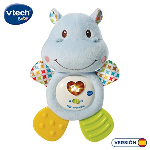 VTech- HIPO mordedor Hipopótamo de Peluche Musical y sonajero Que Ayuda a calmar y aliviar a tu Bebe con tiernas Frases, Canciones y melodías, Color Azul (3480-502522)