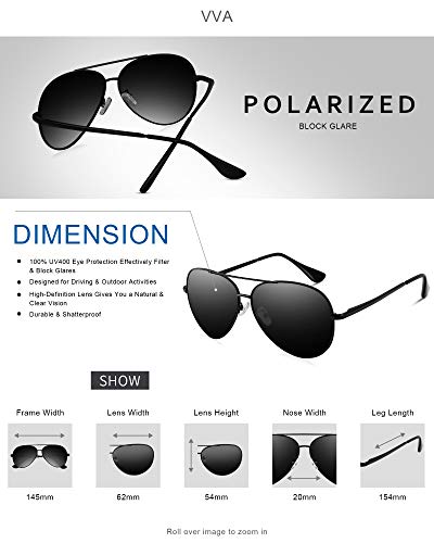 VVA Gafas de sol Hombre Polarizadas Aviador Hombres Aviador Gafas de sol Polarizadas Hombre Unisex Protección UV400 por V101(Negro/Negro)