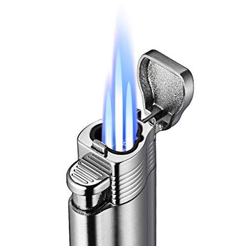 VVAY Mechero Soplete 3 Llamas Gas Butano Recargable, Turbo Jet Flame Encendedor para Puros, Plata (Vendido sin Gas)