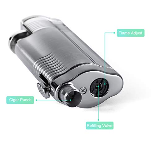 VVAY Mechero Soplete 3 Llamas Gas Butano Recargable, Turbo Jet Flame Encendedor para Puros, Plata (Vendido sin Gas)