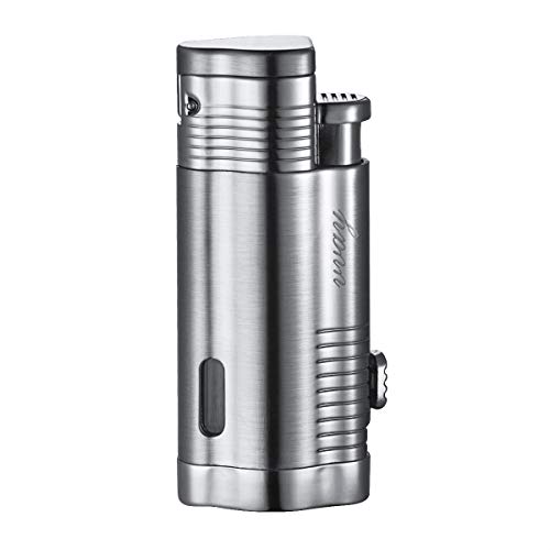 VVAY Mechero Soplete 3 Llamas Gas Butano Recargable, Turbo Jet Flame Encendedor para Puros, Plata (Vendido sin Gas)
