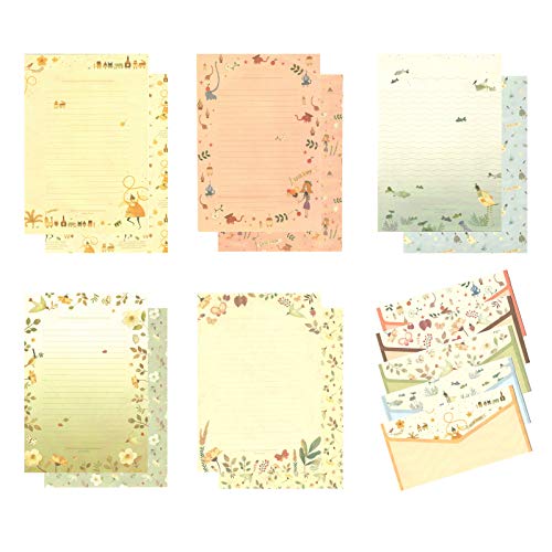 W-BOXINS - 36 hojas de papel de carta rayado de papelería con 18 sobres y adhesivos de cierre, bonito diseño floral, 5 modelos diferentes