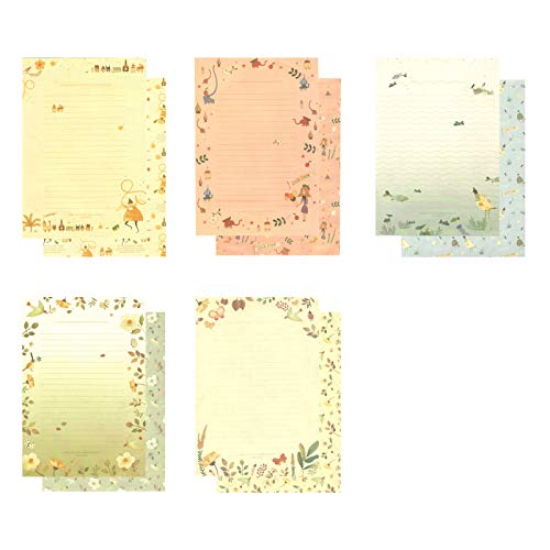 W-BOXINS - 36 hojas de papel de carta rayado de papelería con 18 sobres y adhesivos de cierre, bonito diseño floral, 5 modelos diferentes