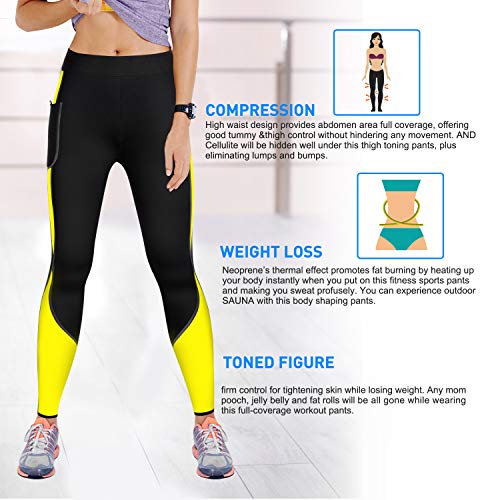 WABISABI DREAMS Pantalon Neopreno Sauna, Leggins Reductores Adelgazantes Anticeluliticos Cintura Alta, Mallas Fitness Push Up consigue una Sudoración efectiva en Fitness Negro Banda Amarilla (S)