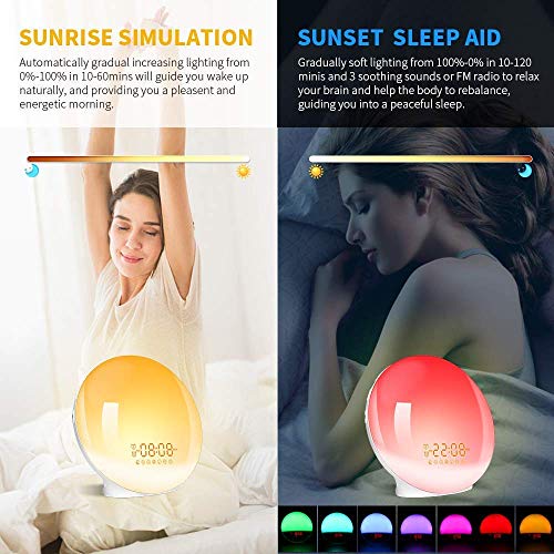 Wake Up Light LED Despertador, 2020 Luz Despertador Simulación de Amanecer y Atardece, 2 Alarmas, Función Snooze, 20 Niveles Brillo, 8 Sonidos, Radio FM, Reloj Despertador Luz de noche para Regalo