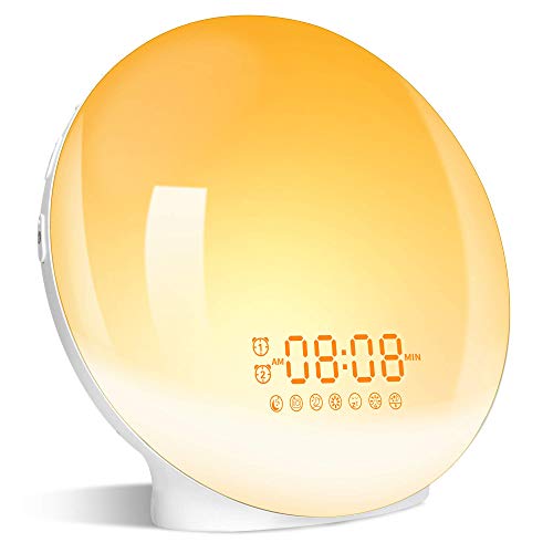 Wake Up Light LED Despertador, 2020 Luz Despertador Simulación de Amanecer y Atardece, 2 Alarmas, Función Snooze, 20 Niveles Brillo, 8 Sonidos, Radio FM, Reloj Despertador Luz de noche para Regalo