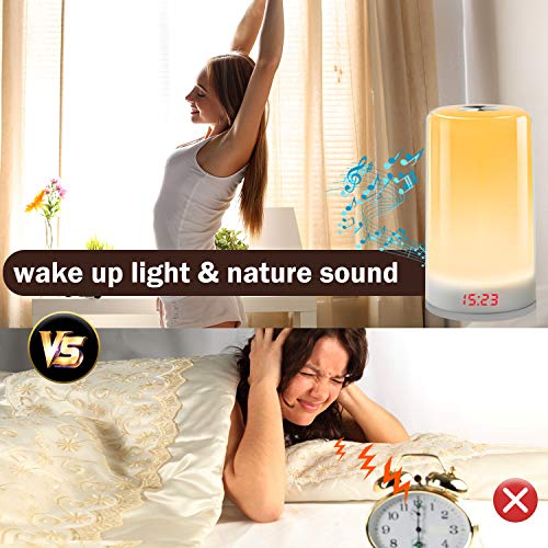 Wake Up Light,Despertador Luz Oxford Street LED Despertador Wake Up Clock Amanecer Simulación,Función Snooze,7 Luces de Colores +Cable USB,5Sonidos Naturales,Apto para niños y adultos. (no recargable)