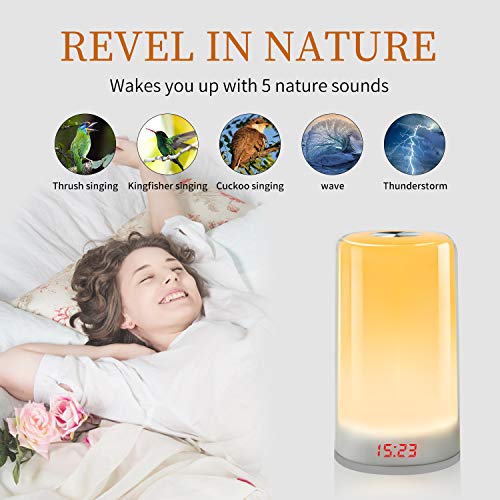Wake Up Light,Despertador Luz Oxford Street LED Despertador Wake Up Clock Amanecer Simulación,Función Snooze,7 Luces de Colores +Cable USB,5Sonidos Naturales,Apto para niños y adultos. (no recargable)