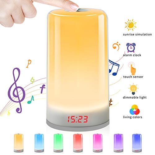 Wake Up Light,Despertador Luz Oxford Street LED Despertador Wake Up Clock Amanecer Simulación,Función Snooze,7 Luces de Colores +Cable USB,5Sonidos Naturales,Apto para niños y adultos. (no recargable)