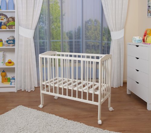 WALDIN Cuna colecho para bebé, cuna para bebé, con protector y colchón, lacado en blanco,color textil blanco/estrellas gris-azul