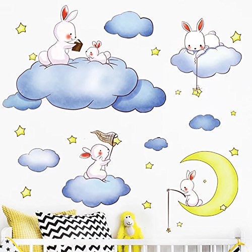 WandSticker4U– de pared adhesivo infantil sweet Dreams | 200x52 cm | Conejo Liebre Wolke Luna Estrellas | Adhesivo decorativo para habitación de los Niños Baby