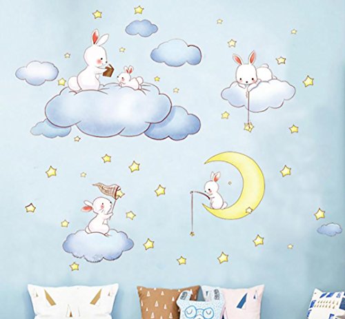 WandSticker4U– de pared adhesivo infantil sweet Dreams | 200x52 cm | Conejo Liebre Wolke Luna Estrellas | Adhesivo decorativo para habitación de los Niños Baby