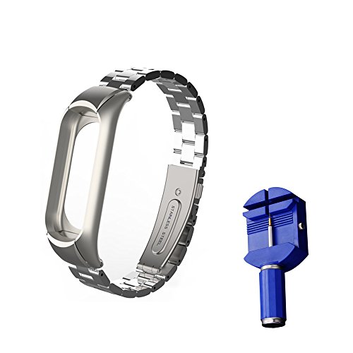 WANFEI Pulsera Xiaomi Mi Band 3 Correa, Band 3 Correa de Metal Pulseras de Repuesto Correa de Recambio Brazalete Extensibles para Xiaomi Mi Band 3 (No Sensor/No Host) (Plata)